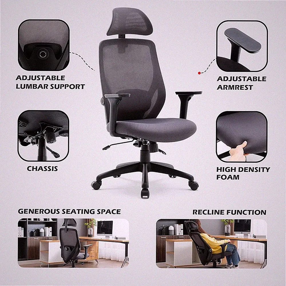 Ergonomic Mesh Office Chair with Lumbar Support, Headrest & Recline, 360° Swivel