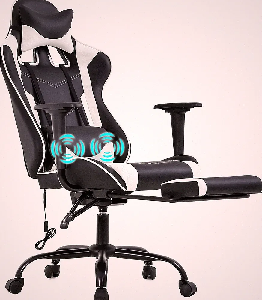 Ergonomic Racing Gaming Chair with Massage, Recliner & Lumbar Support, White
