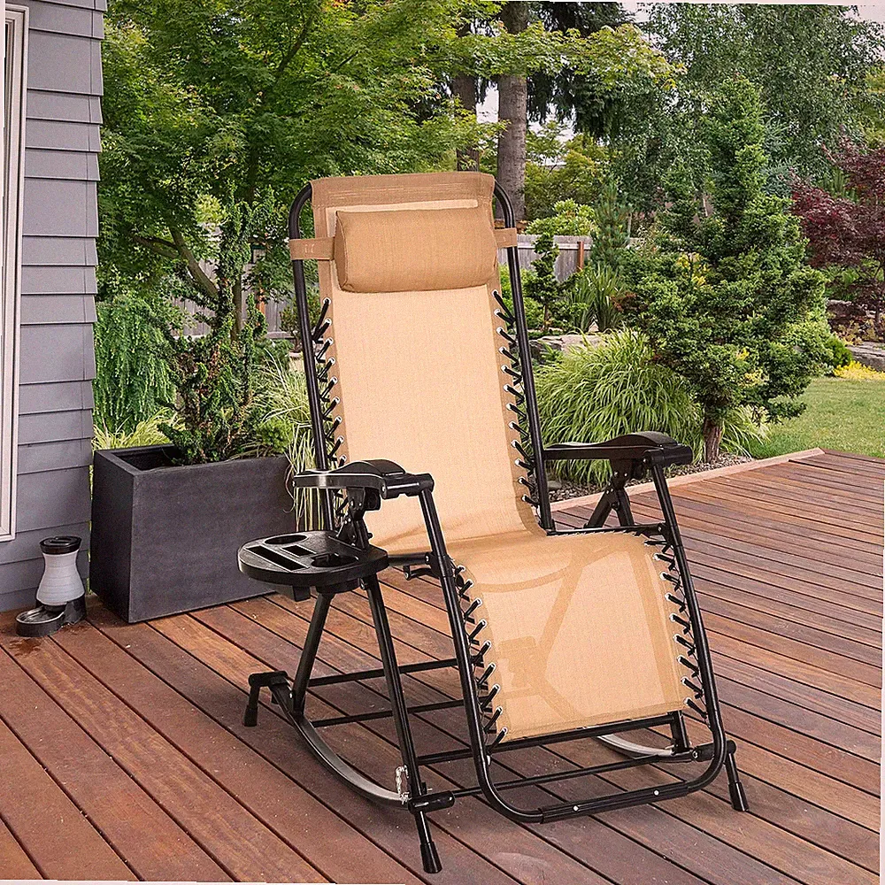 Ergonomic Recline Beige Zero Gravity Rocker With Headrest, Tray Phone Holder