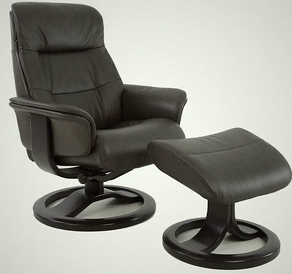 Fjords Anne Leather Small Ergonomic Recliner Chair and Ottoman in Storm Leather