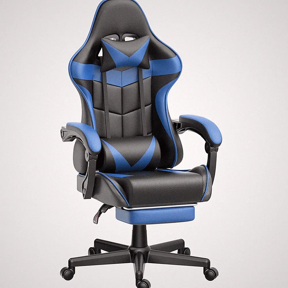 Gaming Chair Footrest Massage Lumbar Ergonomic High Back Swivel Blue