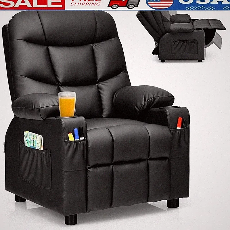 Kids Recliner Chair Ergonomic PU Leather Adjustable Backrest Cup Holder Pockets