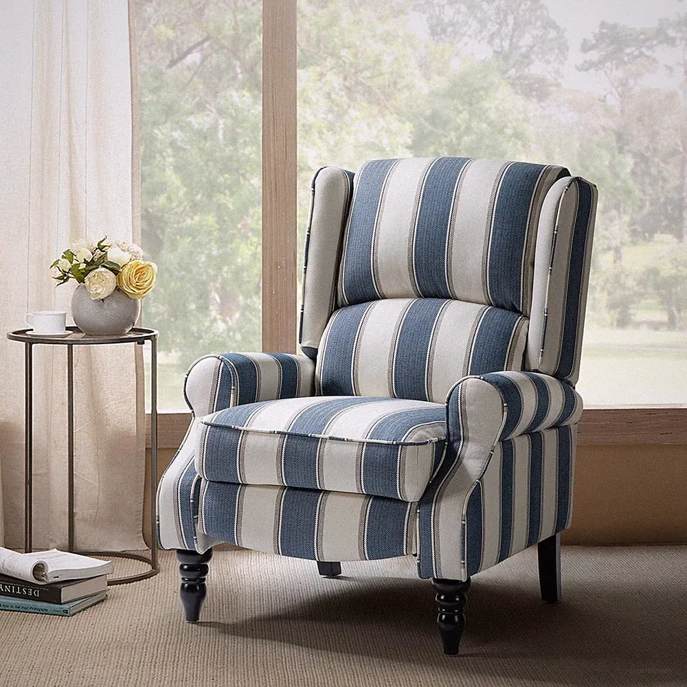 Mid Century Wingback Recliner Chair with Adjustable Footrest - Navy Stripe