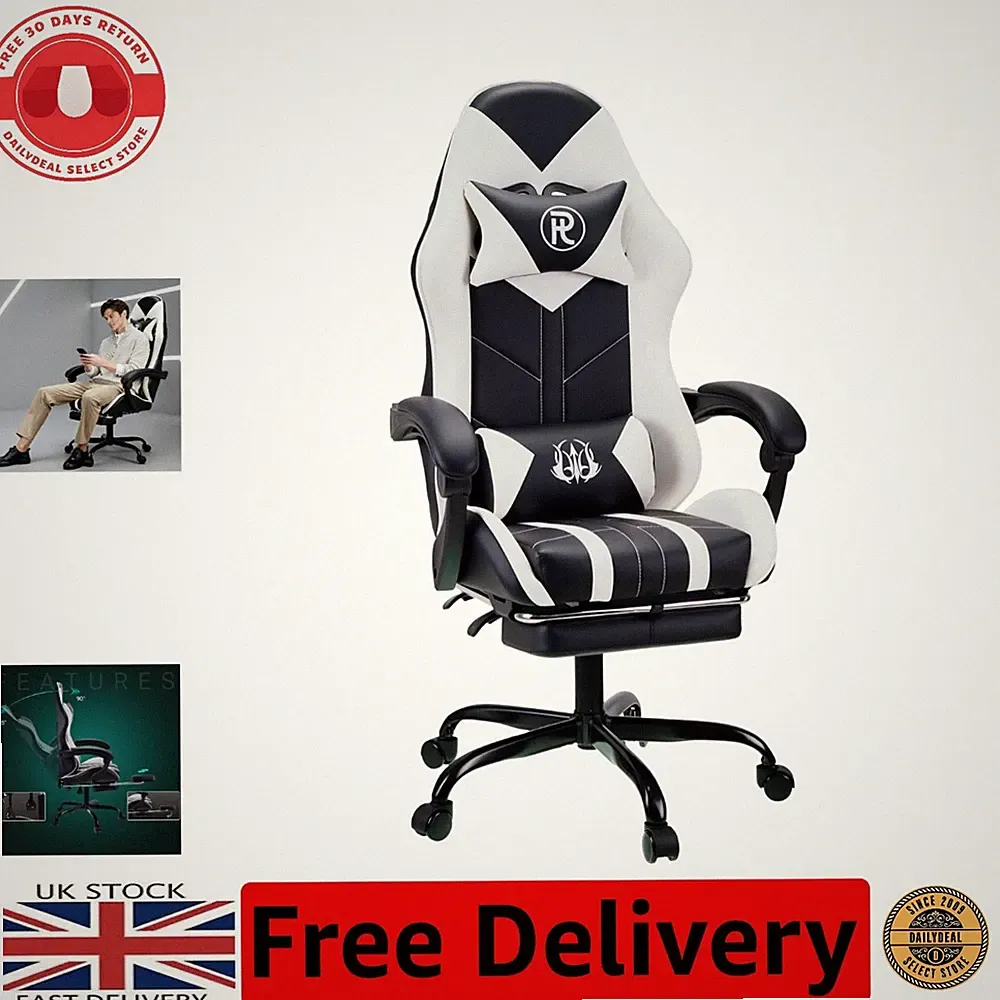 Stylish Large White Gaming Chair with Footrest & Lumbar Support for Adults